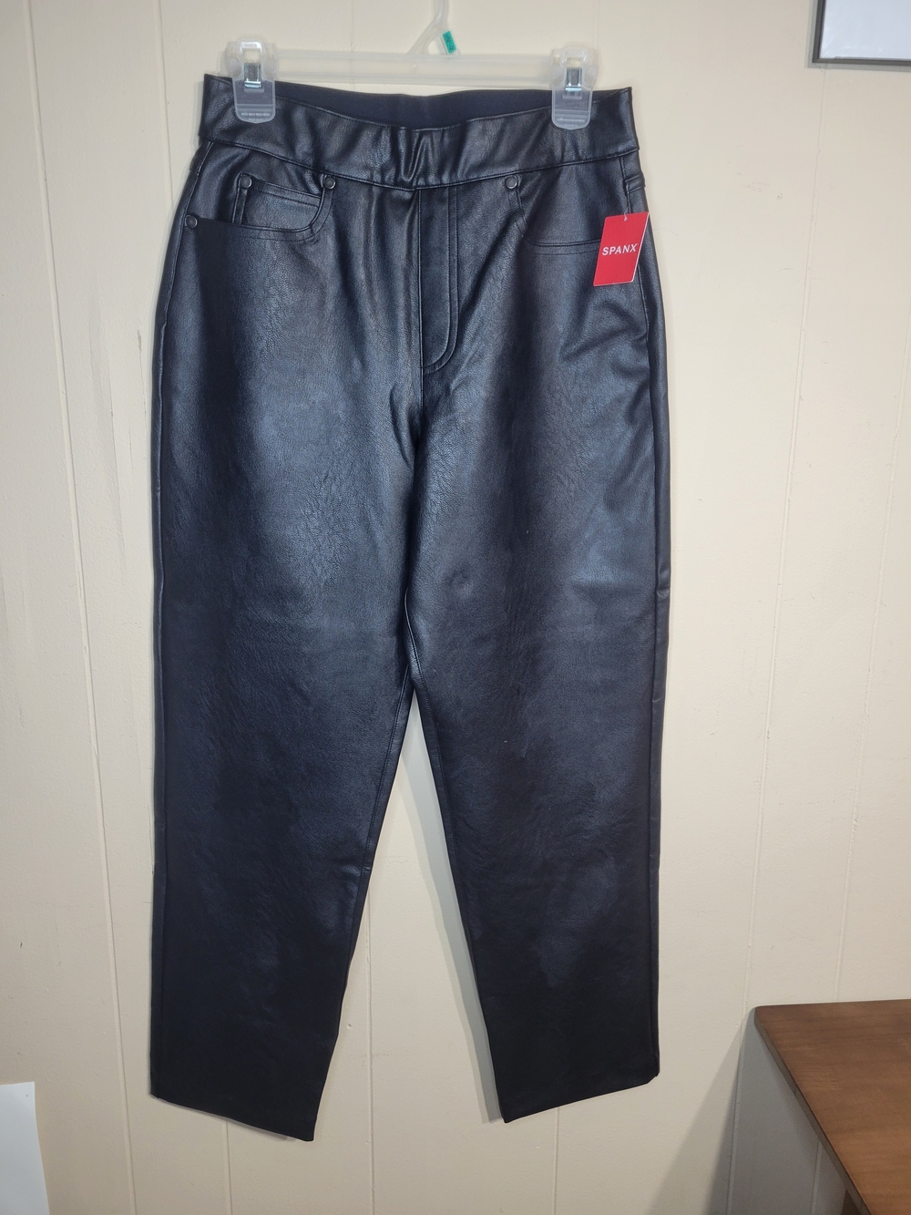 Spanx Women's High Waist Black Faux Leather Slim Straight Pants Size M